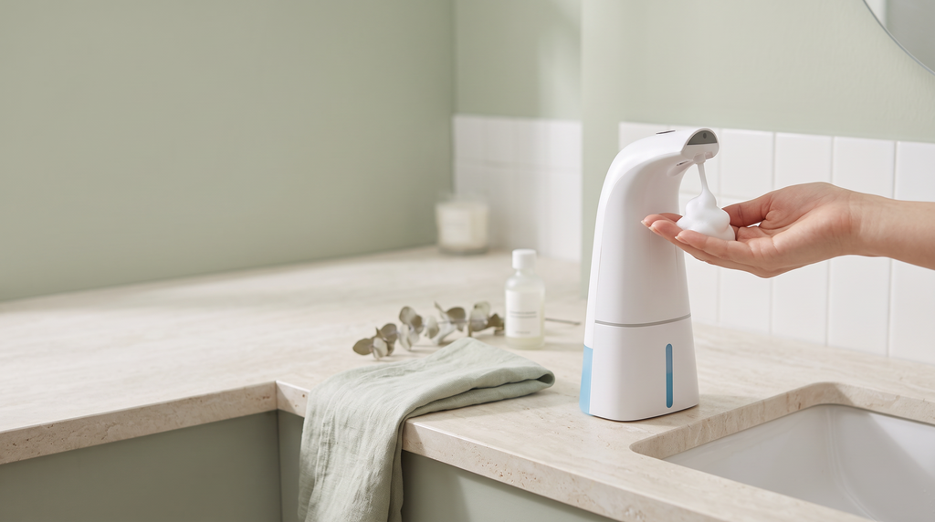 Tersella Pure dispensando espuma en la mano junto al lavabo