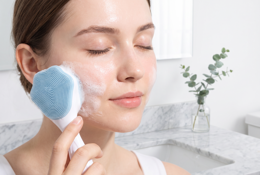 Tersella Glow · cepillo facial de silicona en uso