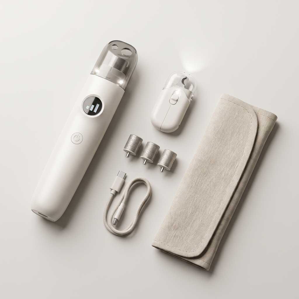 Kit completo Tersella Paw: lima, cortauñas LED, 3 cabezales, cable USB-C y funda