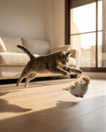Gato atigrado saltando tras el pájaro interactivo Tersella Bird en el salón