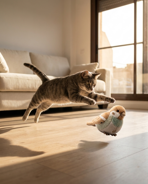 Gato atigrado saltando tras el pájaro interactivo Tersella Bird en el salón