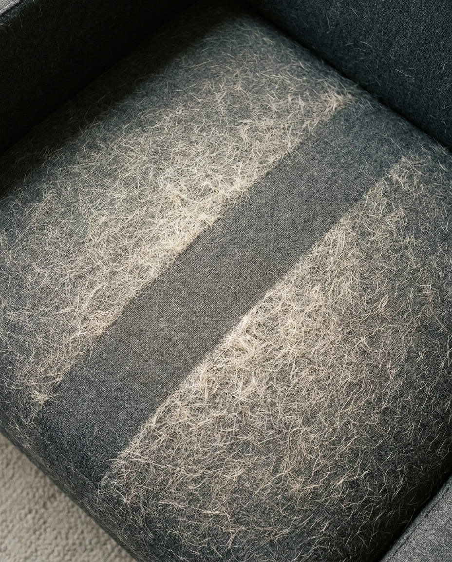 Cojín gris cubierto de pelo de mascota con una franja limpia tras pasar el guante Tersella Glove
