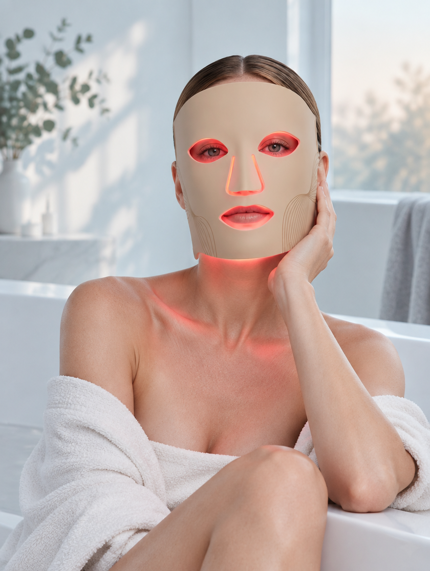 Tersella Halo beige puesta y encendida en modo luz roja, en el baño