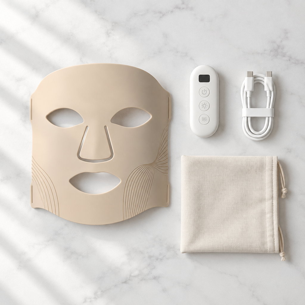 Tersella Halo con su mando de control y cable USB-C sobre mármol