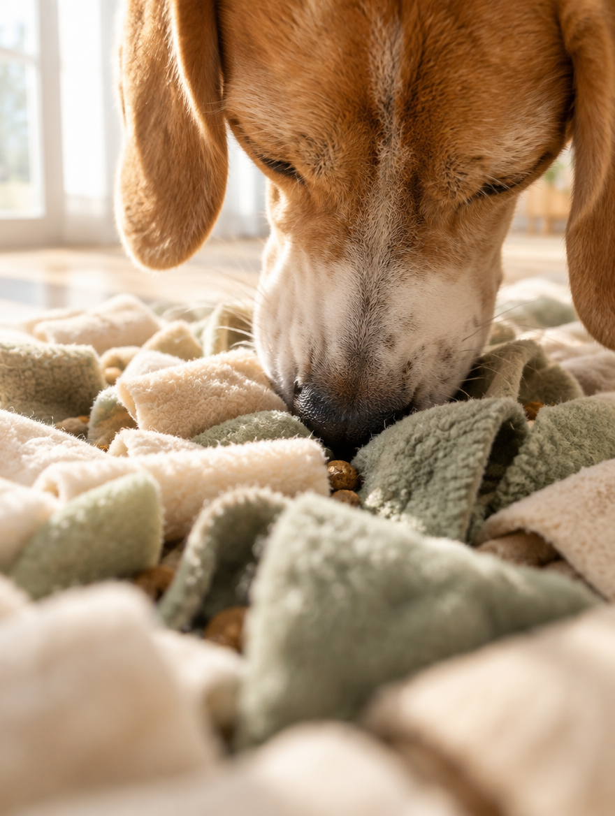 Primer plano del hocico de un perro entre las tiras de la alfombra Tersella Sniff