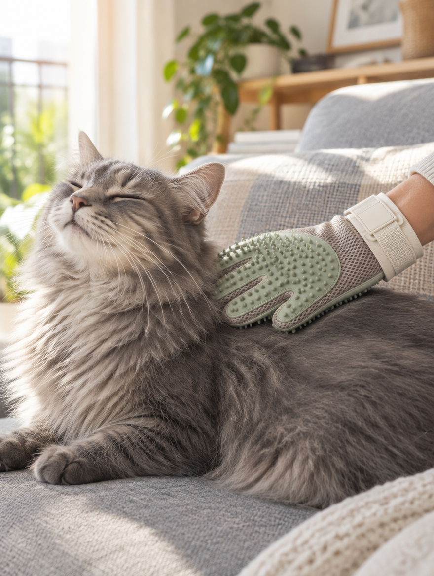 Acariciando a un gato con el guante Tersella Glove, el gato con los ojos cerrados