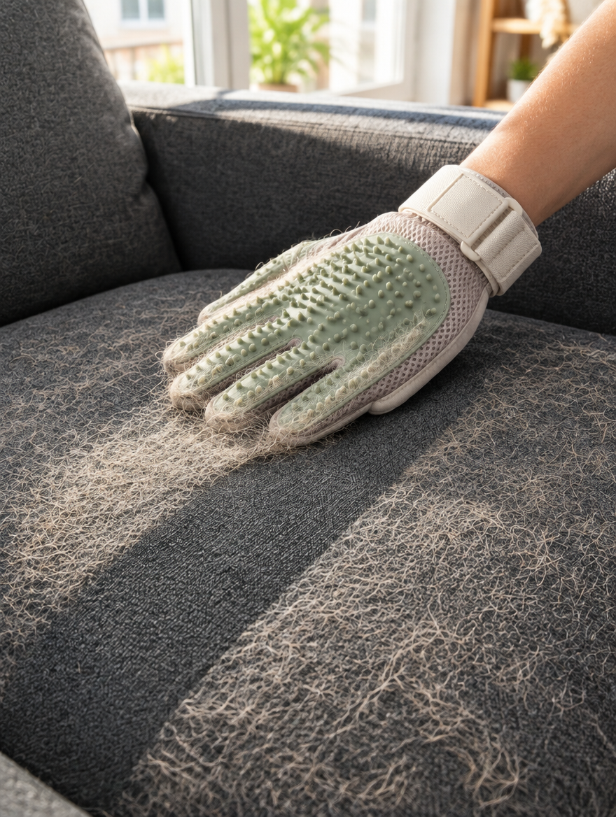 Pasando el guante Tersella Glove por el sofá para recoger el pelo