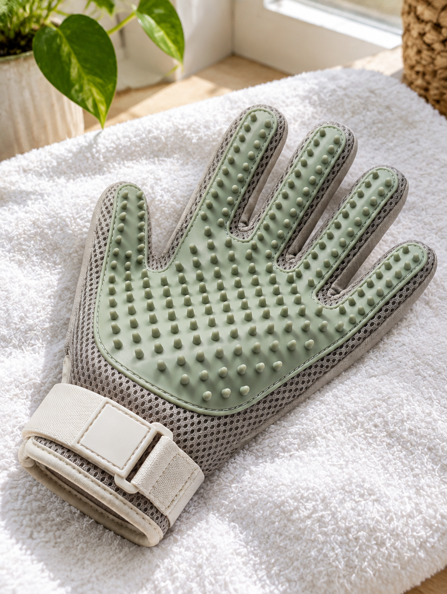 Detalle de las puntas de silicona del guante Tersella Glove sobre una toalla