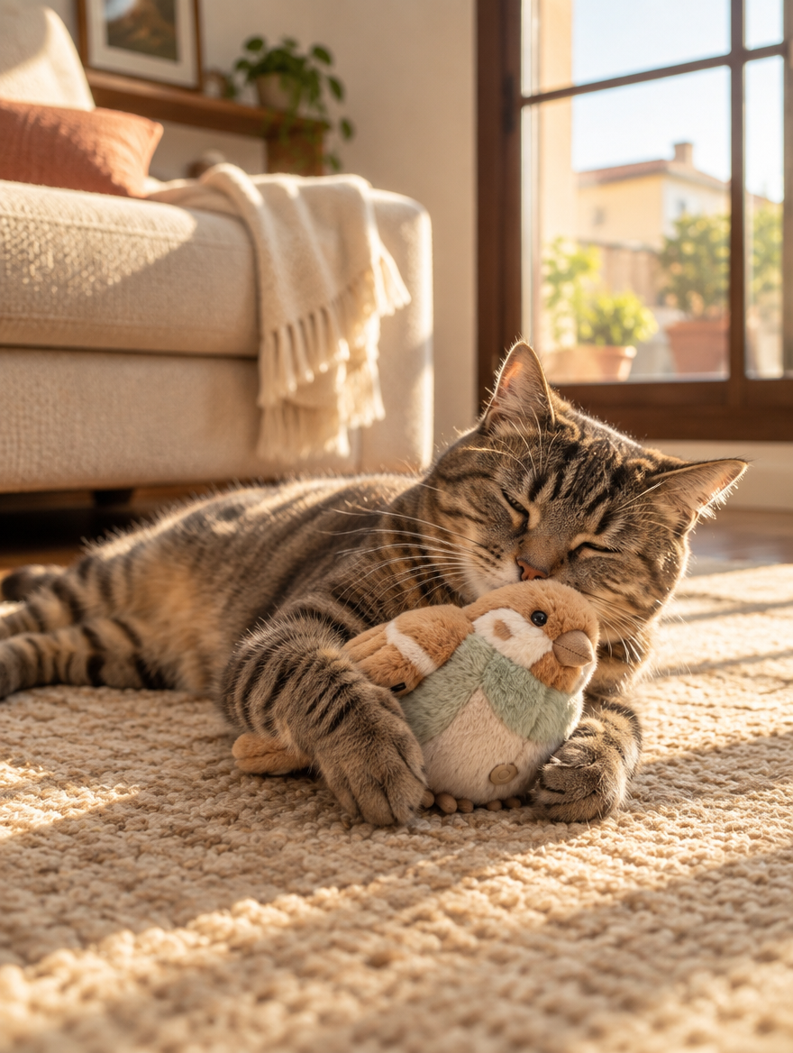Gato tumbado y relajado con el pájaro Tersella Bird entre las patas