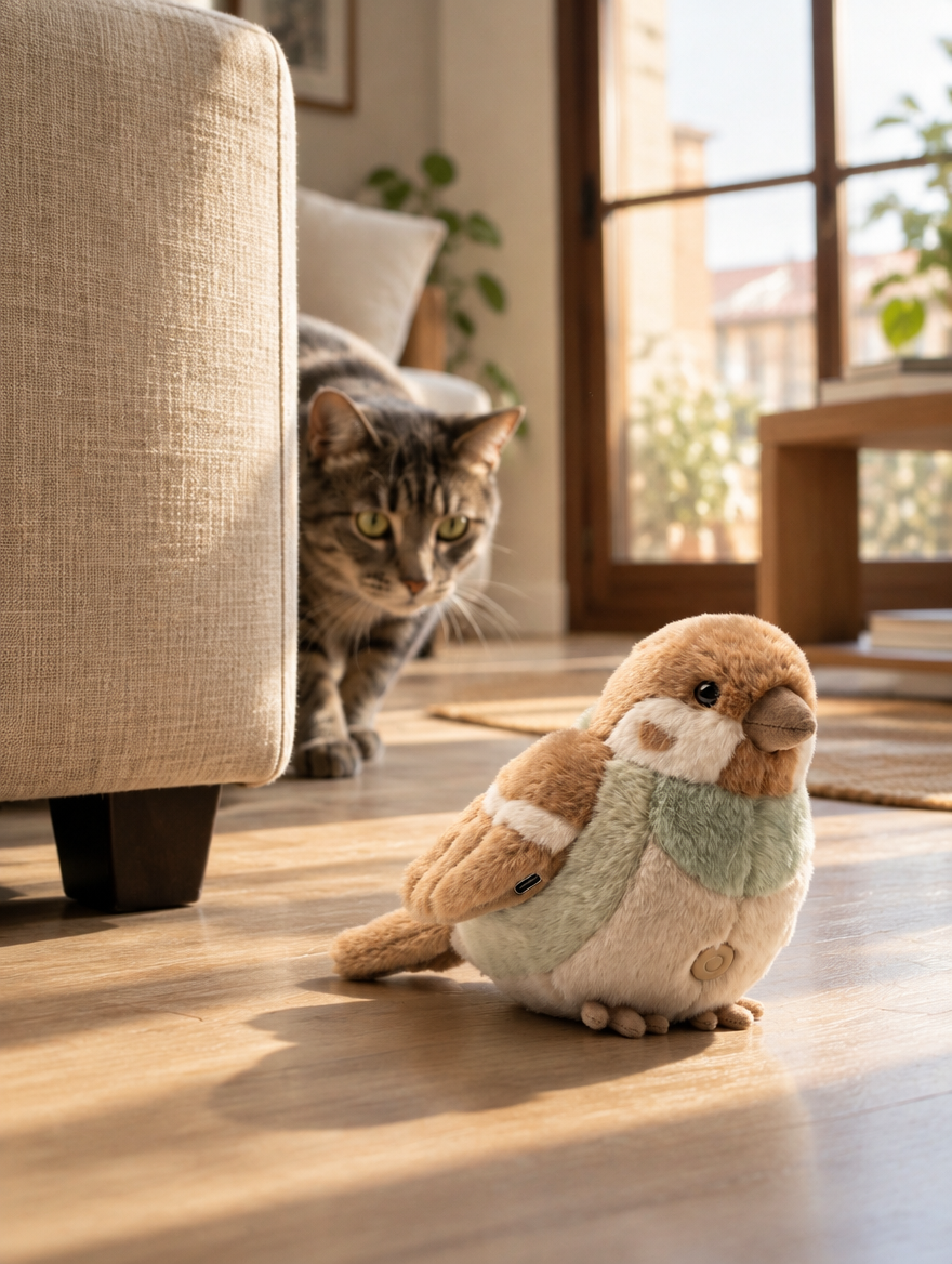 Gato acechando el pájaro Tersella Bird desde detrás del sofá