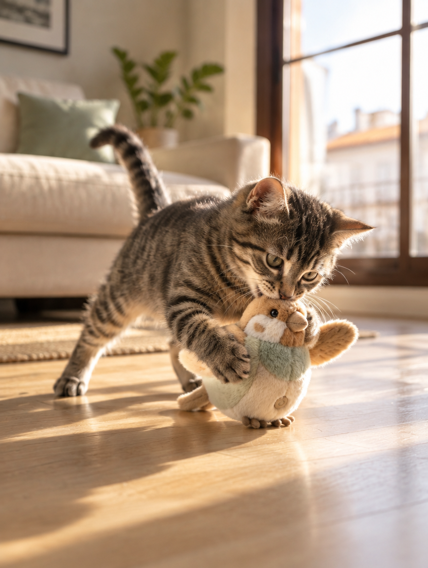 Gato pequeño mordisqueando el pájaro interactivo Tersella Bird en el suelo del salón