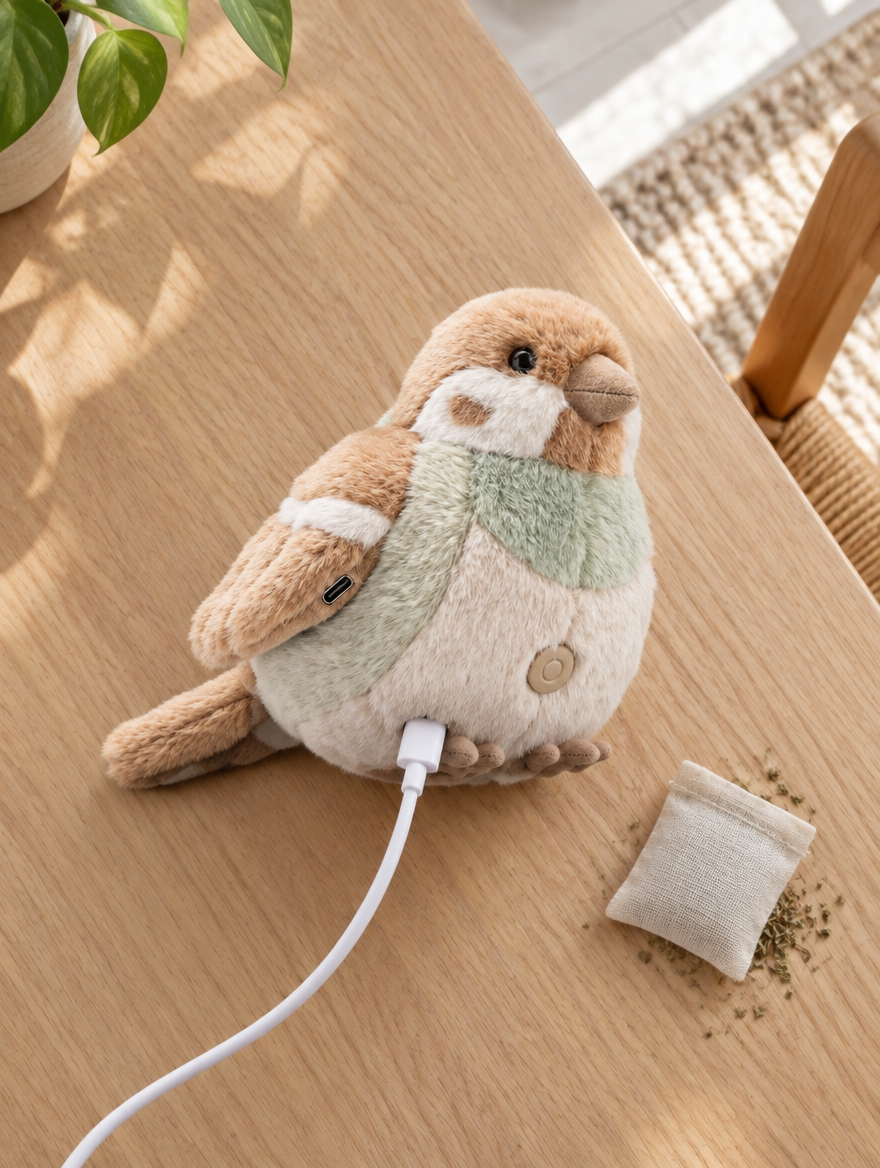 Cargando el pájaro Tersella Bird por USB-C sobre la mesa, con la bolsita de catnip al lado