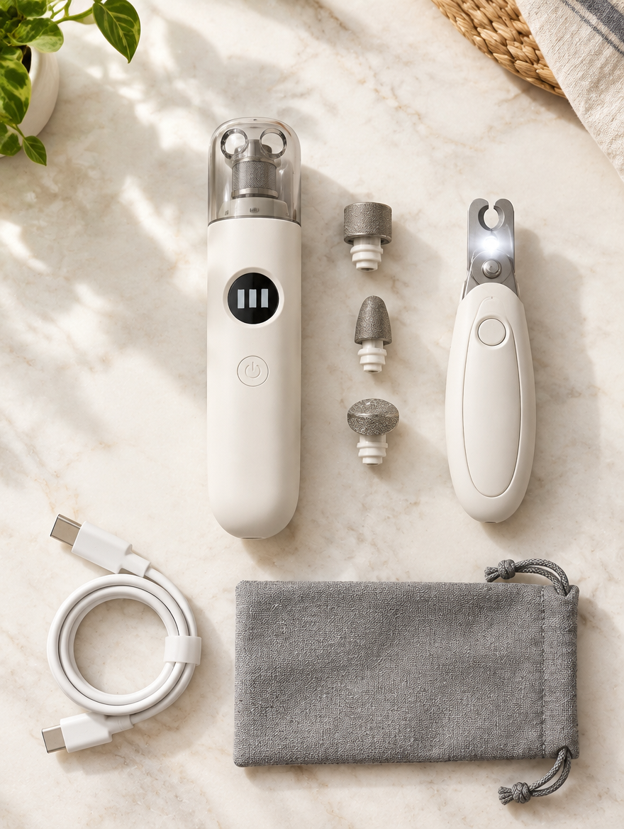 Kit completo Tersella Paw visto desde arriba: lima, cabezales, cortauñas con luz, cable y funda