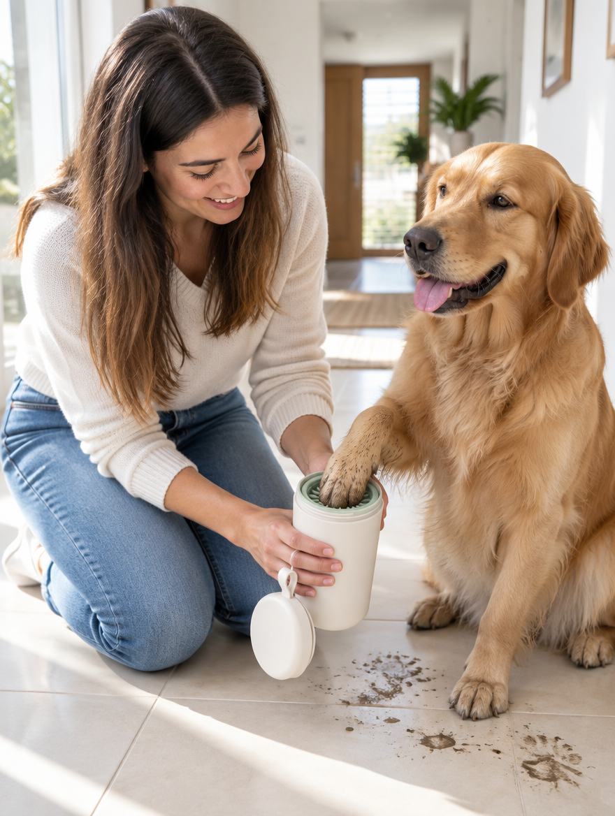 Pata de perro dentro del limpiador Tersella Clean, en el recibidor