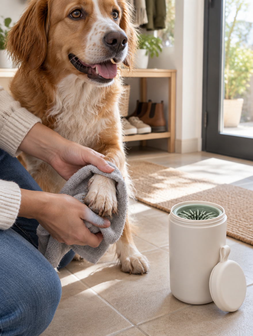 Secando la pata del perro con una toalla después del limpiador Tersella Clean