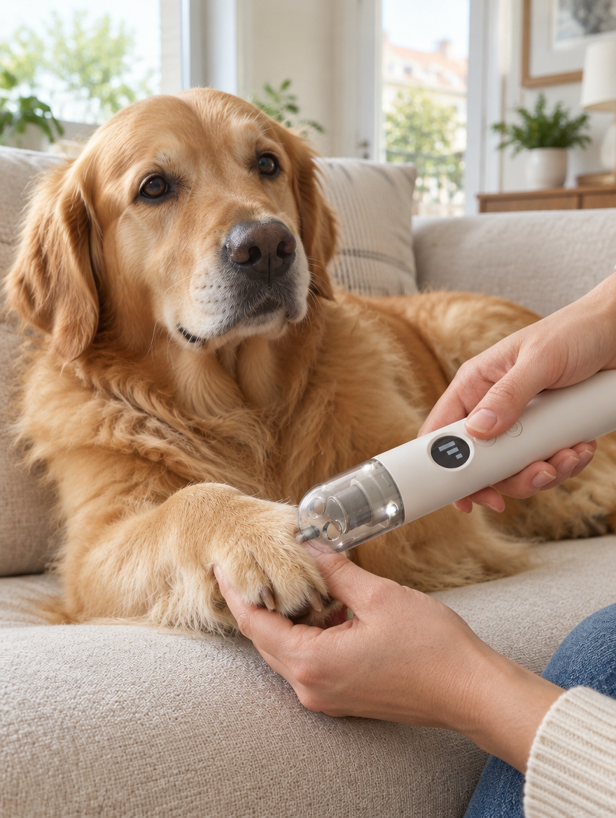 Perro tranquilo en el sofá mientras le liman las uñas con Tersella Paw