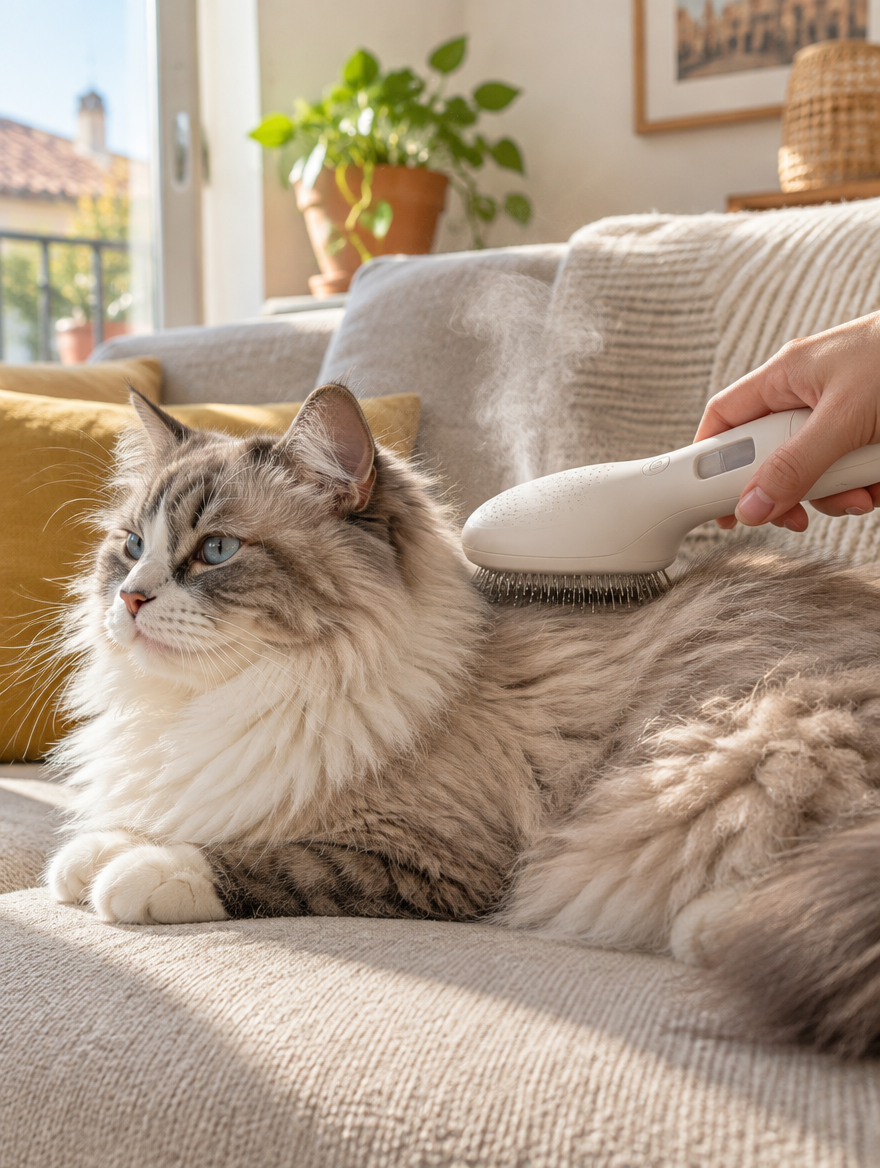 Vapor tibio del cepillo Tersella Mist sobre el lomo de un gato de pelo largo