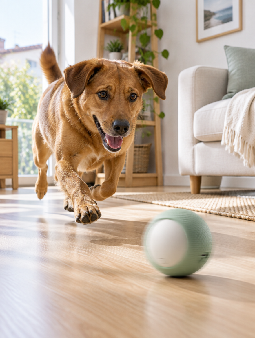 Perro corriendo tras la pelota inteligente Tersella Play en el salón
