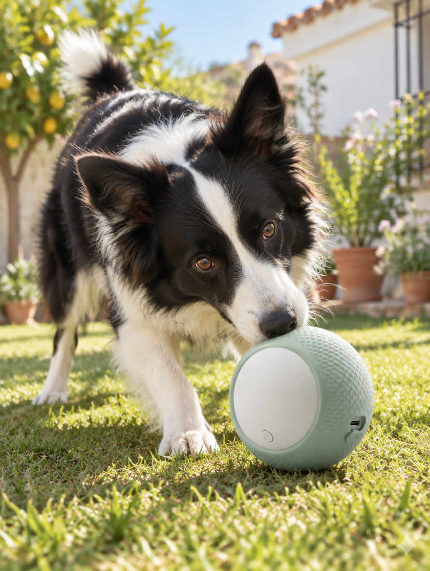 Perro empujando la pelota Tersella Play con el hocico en el jardín