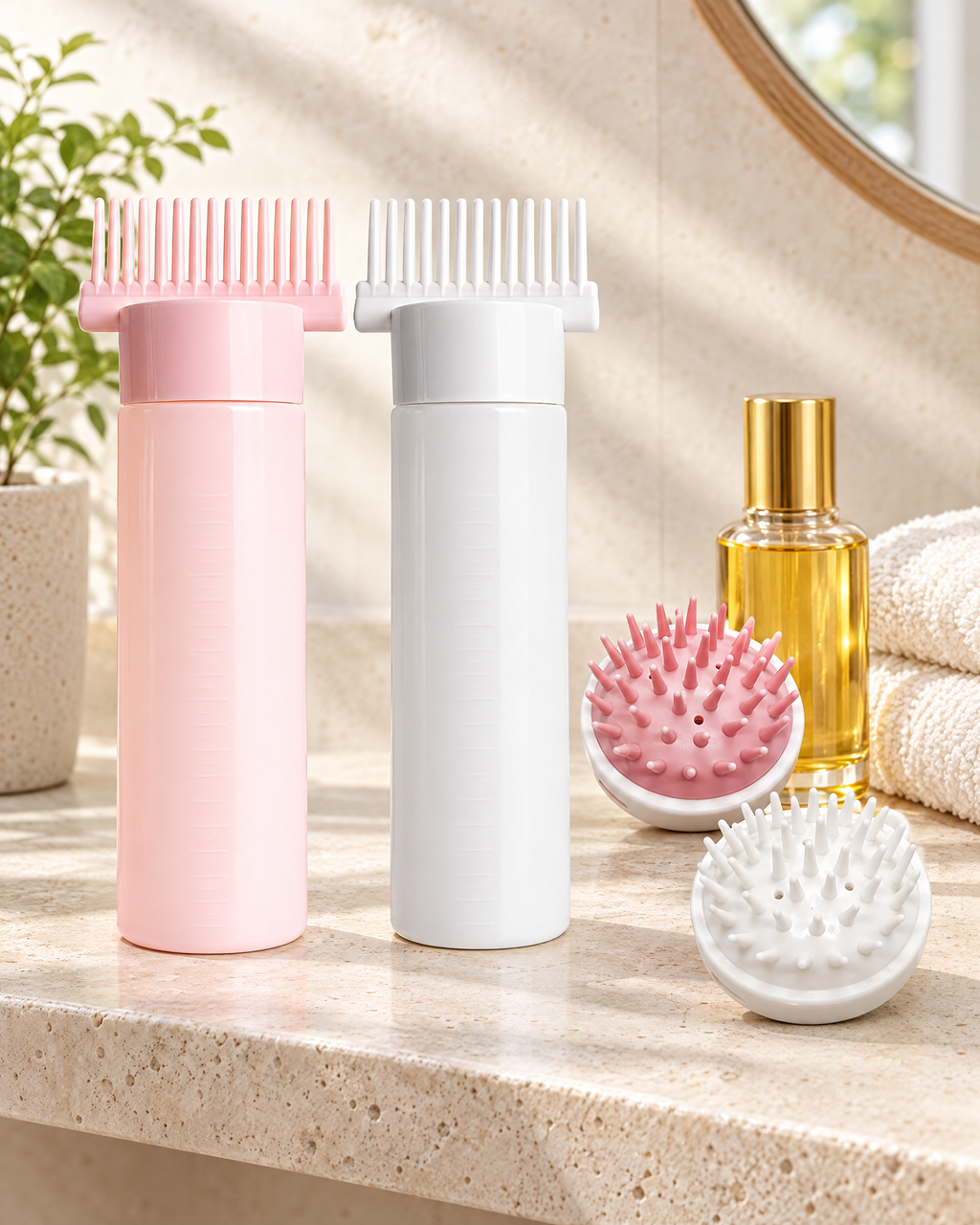 Tersella Calm en un estante de baño con aceite capilar y toalla, momento de autocuidado