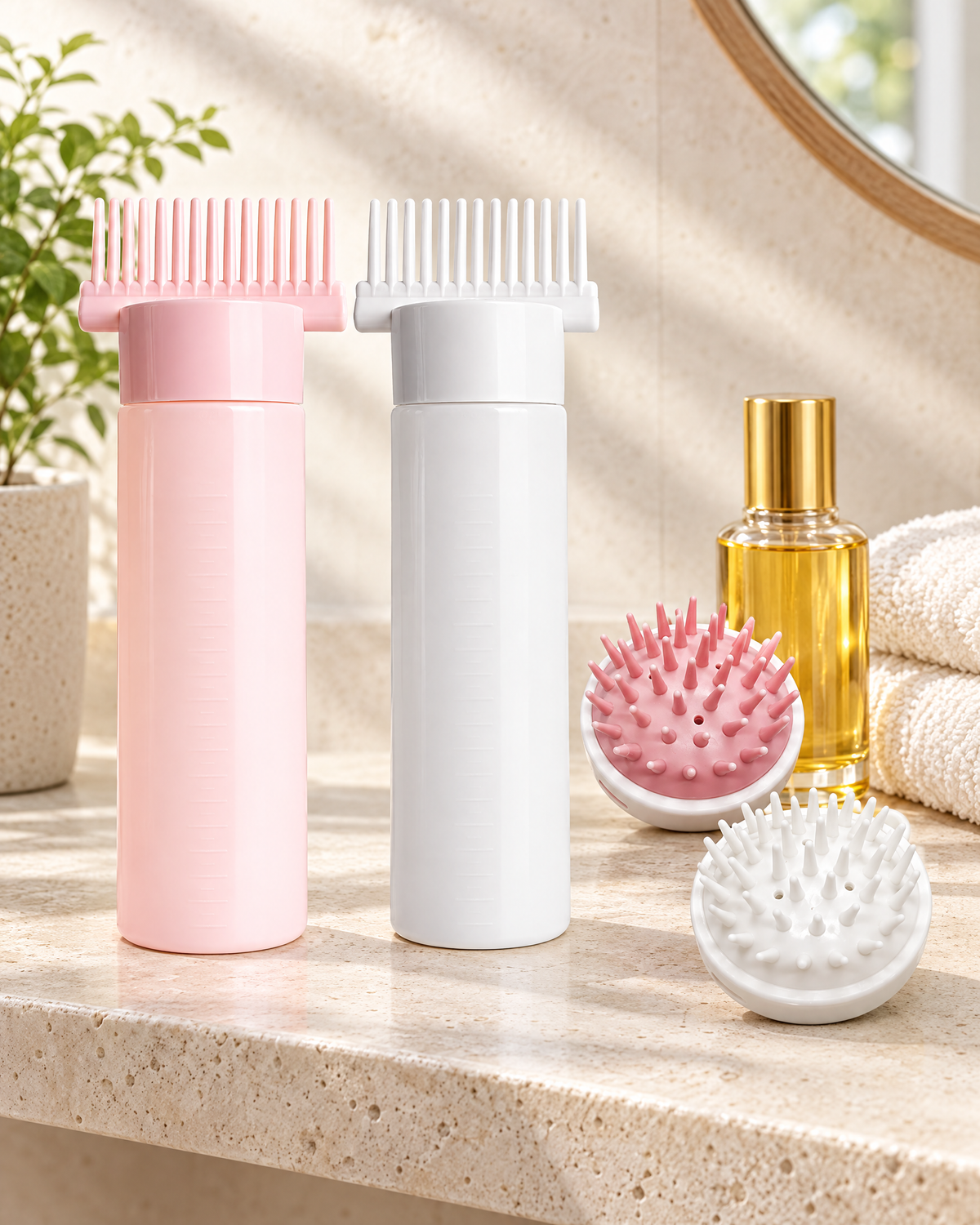 Tersella Calm en un estante de baño con aceite capilar y toalla, momento de autocuidado