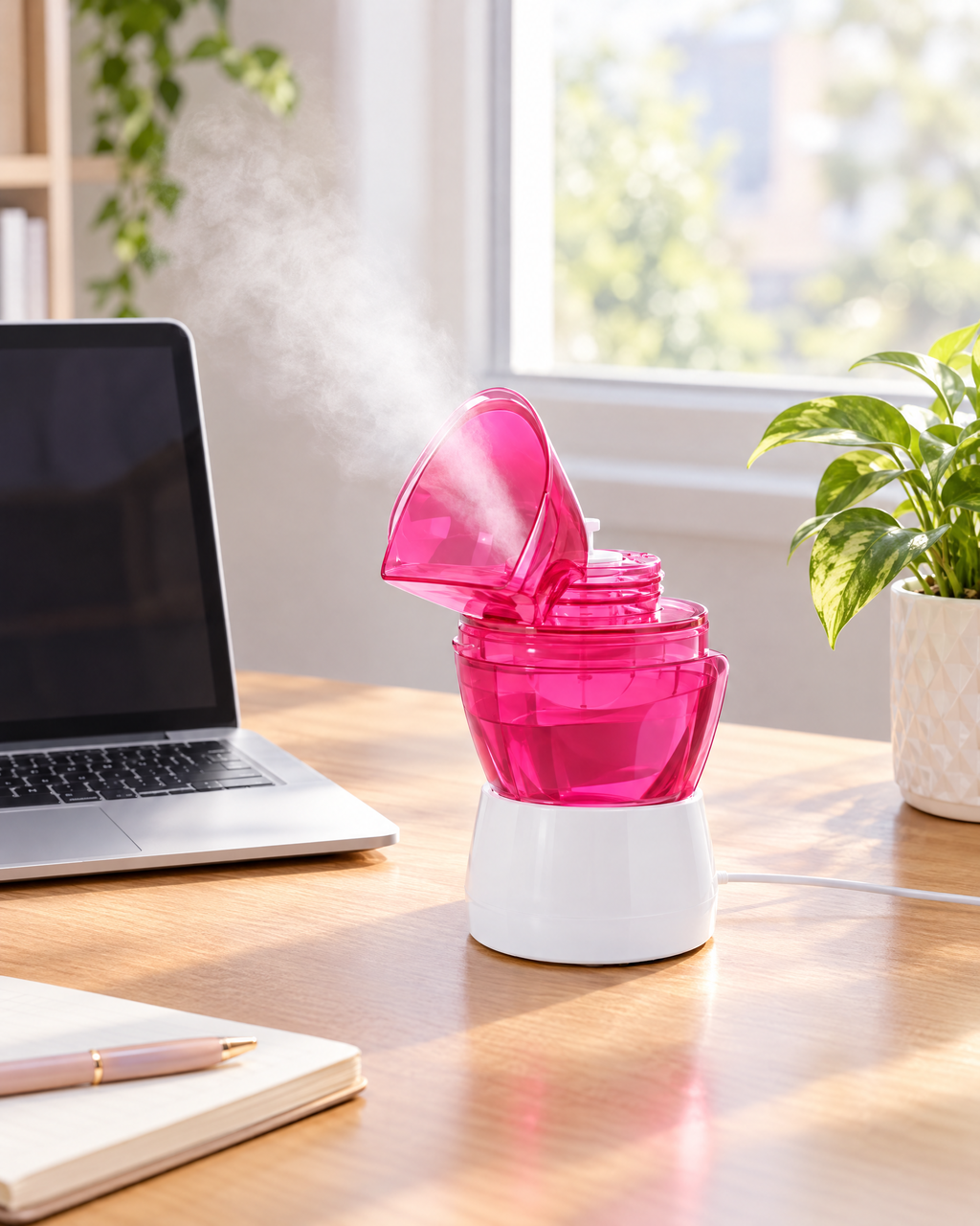 Tersella Dew sobre un escritorio de trabajo con vapor suave, pausa de bienestar