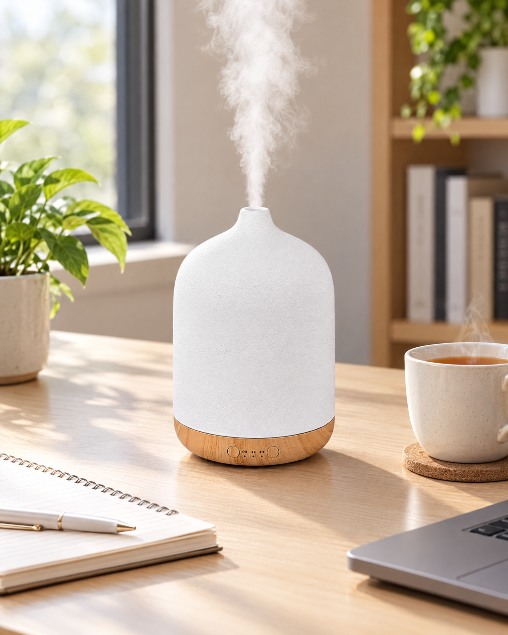 Tersella Dusk en un escritorio de oficina junto a una libreta y una taza de té