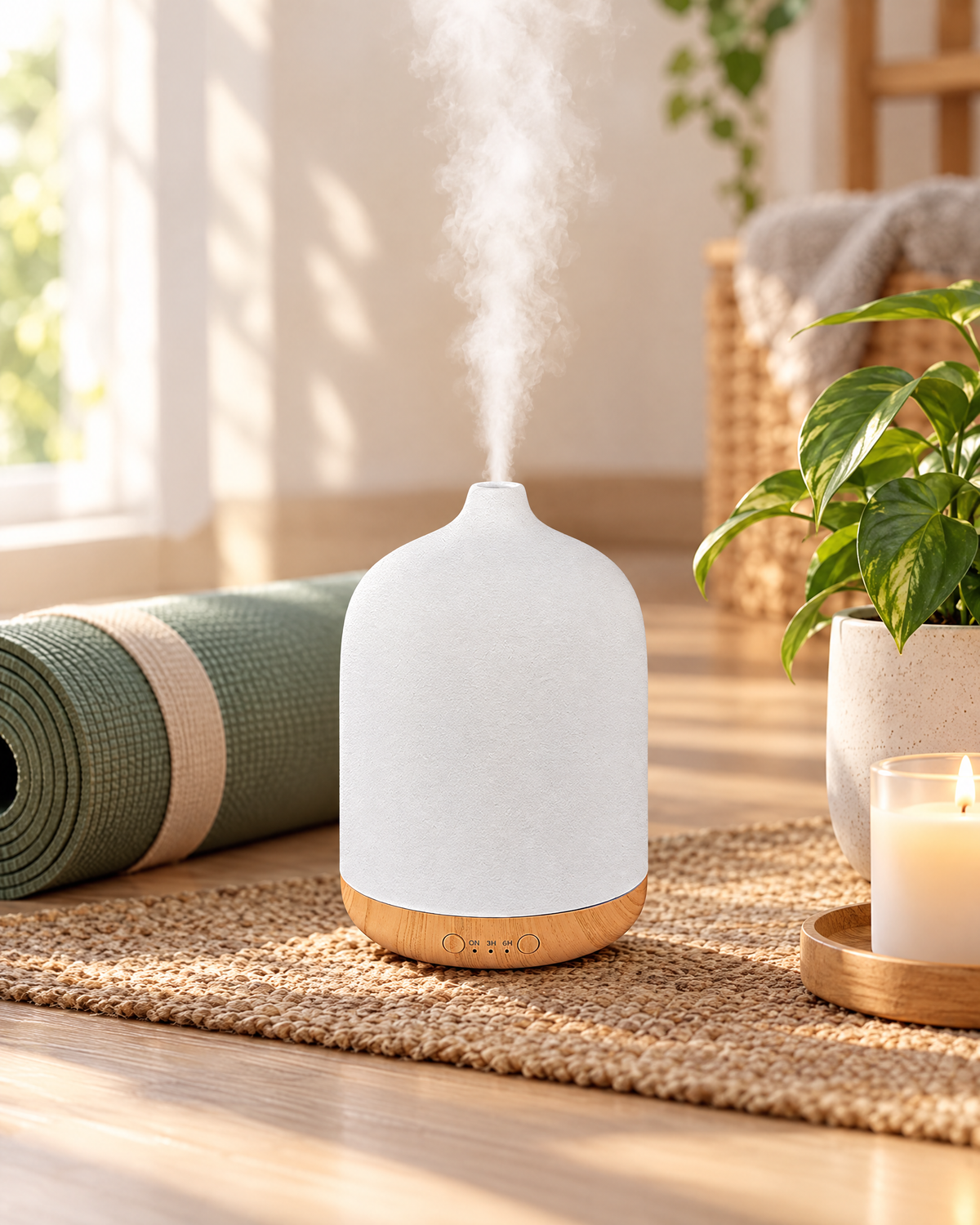 Tersella Dusk en un rincón de bienestar con esterilla de yoga y velas