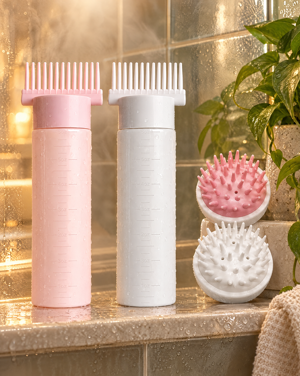 Tersella Calm en la balda de la ducha con vapor y plantas