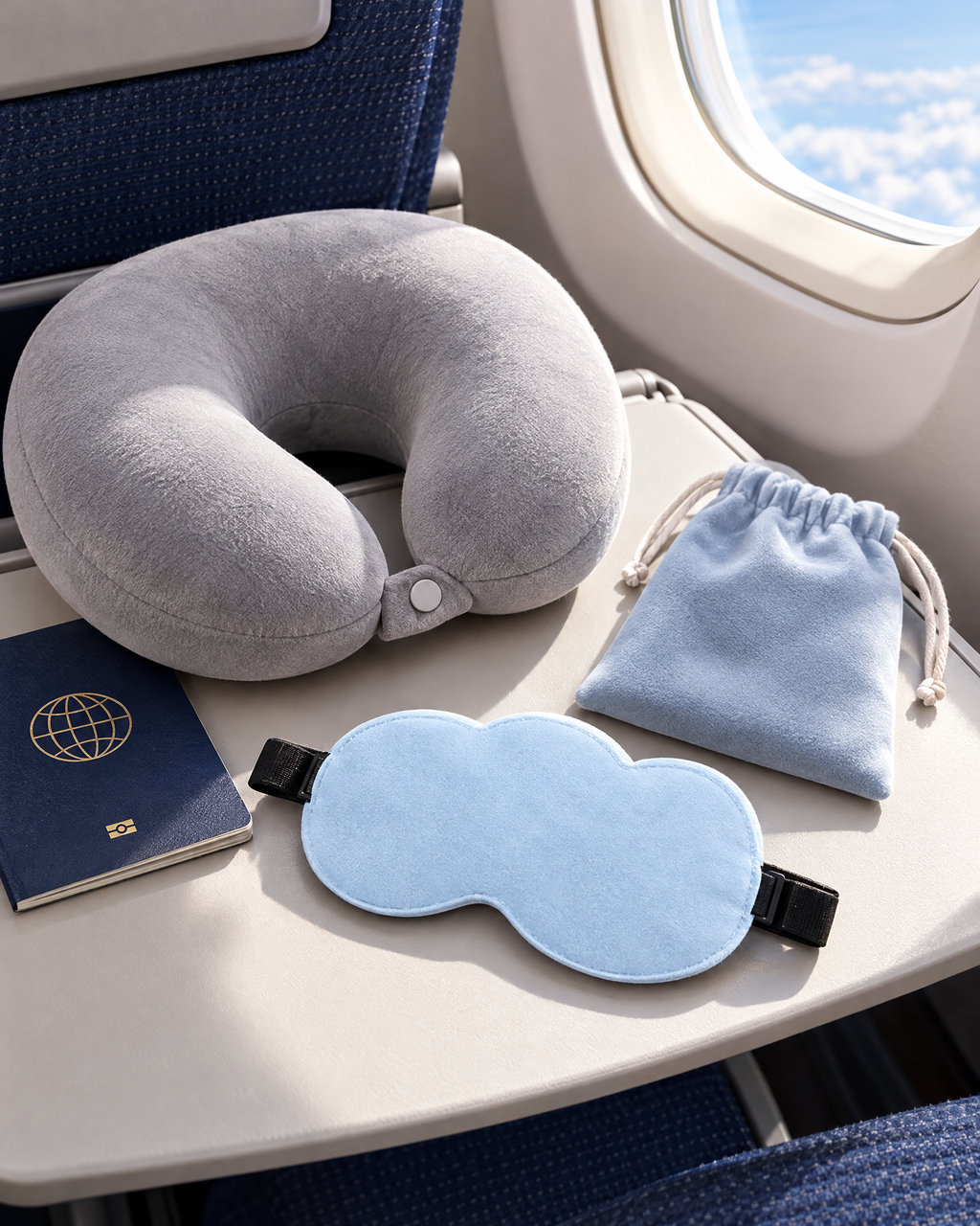 Antifaz azul Tersella Sleep con pasaporte y almohada de viaje
