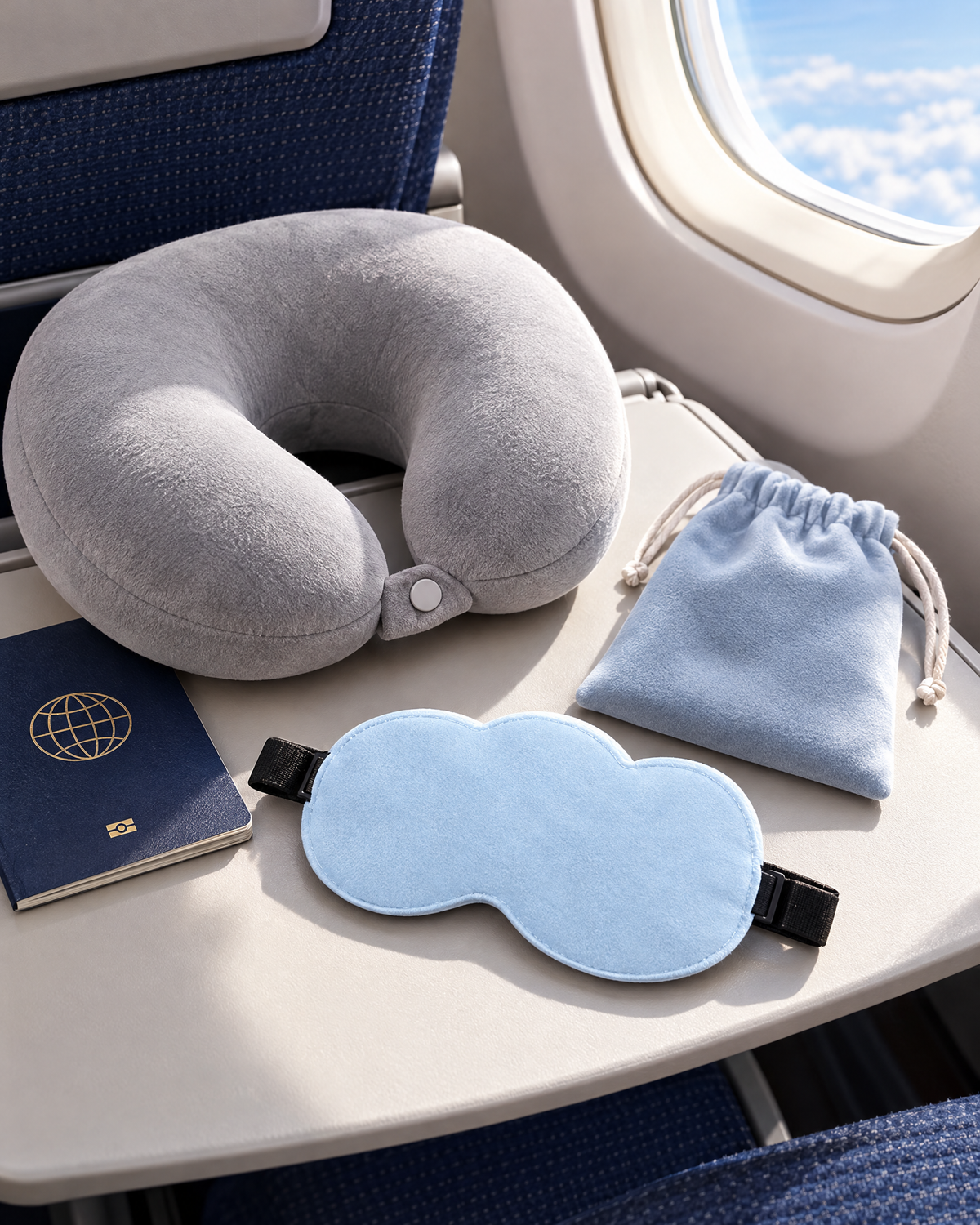 Antifaz azul Tersella Sleep con pasaporte y almohada de viaje