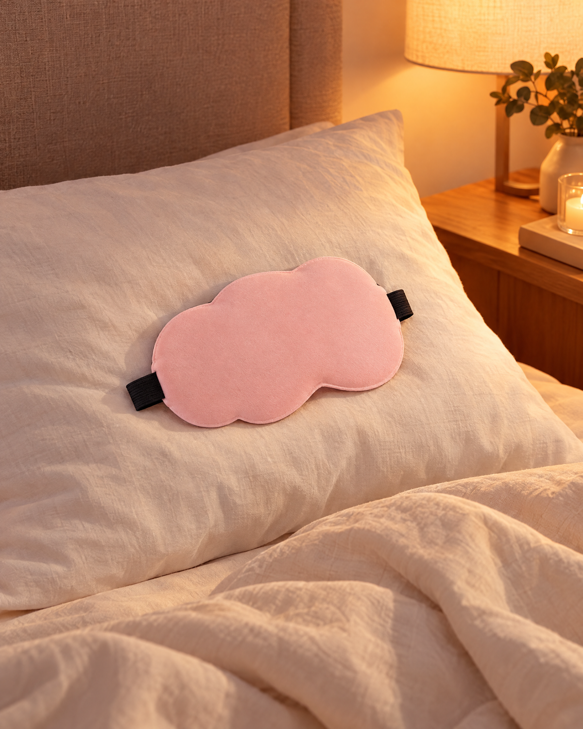 Antifaz nube rosa sobre una almohada blanca con luz cálida de mesita
