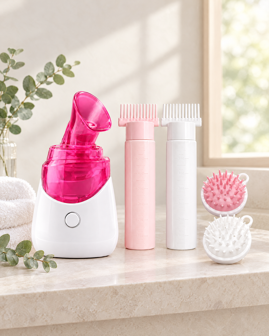 Pack Ritual: vaporizador Dew y kit capilar Calm juntos en un estante de baño