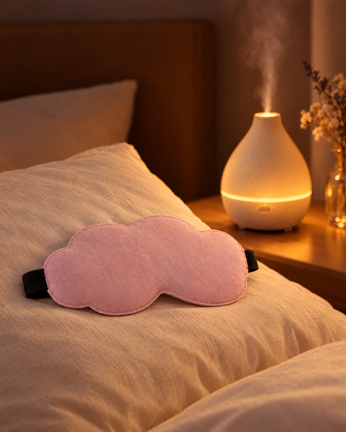 Antifaz Sleep sobre la almohada con el difusor Dusk desenfocado al fondo