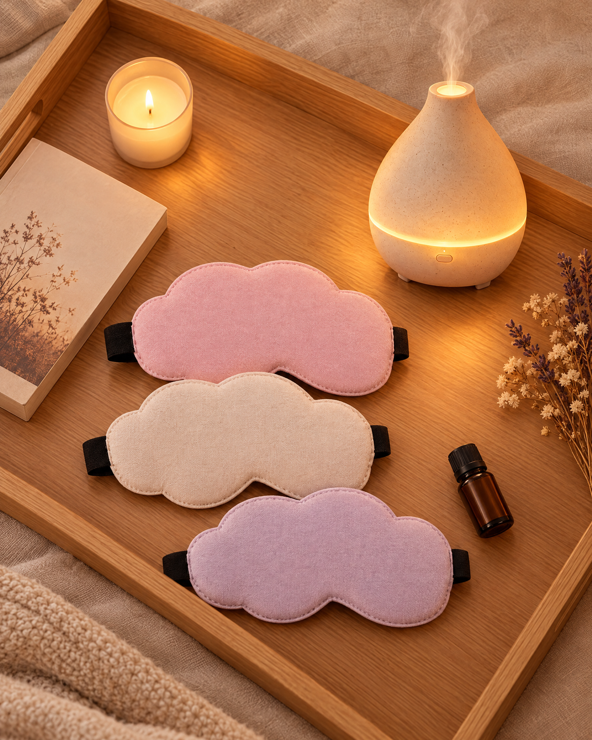 Pack Noche en una bandeja con vela, libro y aceite esencial: ritual de noche
