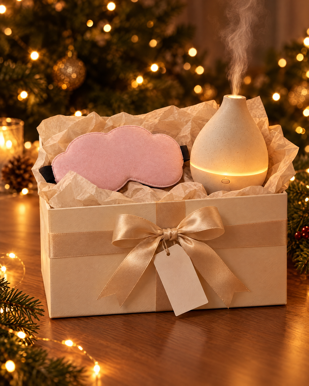 Pack Noche envuelto como regalo con lazo y luces de Navidad