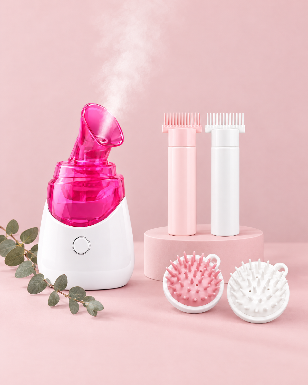 Pack Ritual sobre fondo rosa empolvado con una ramita de eucalipto