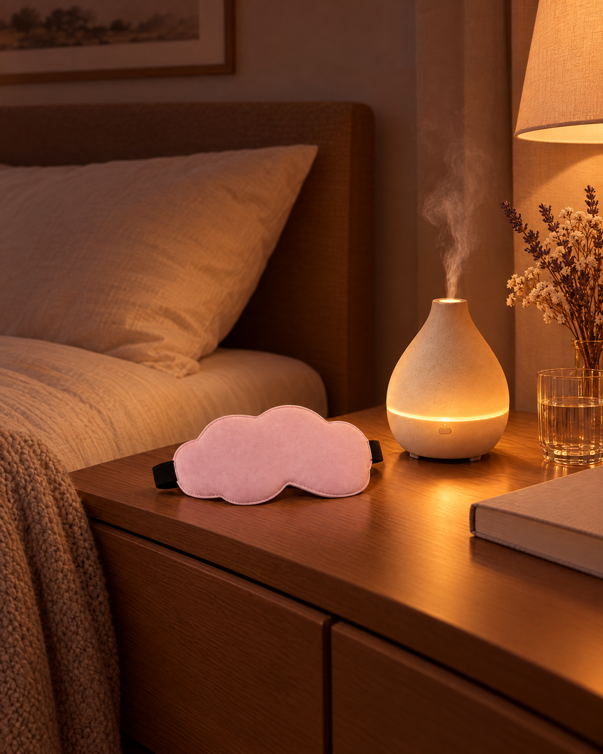 Pack Noche en la mesita de noche: difusor Dusk con luz cálida y antifaz Sleep junto a un libro