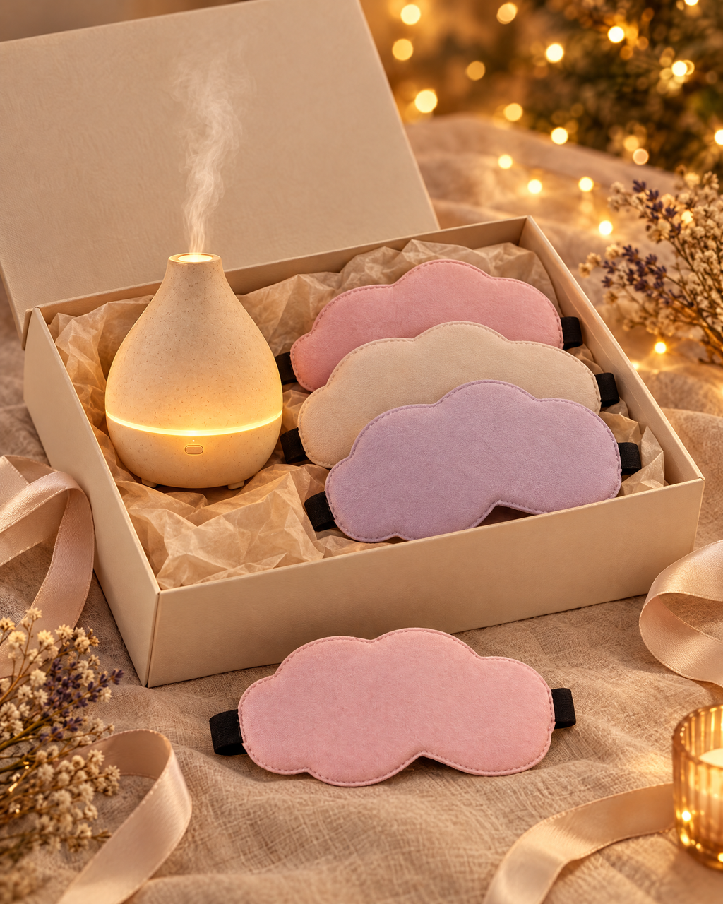 Pack Noche en caja de regalo abierta con lazo y luces festivas