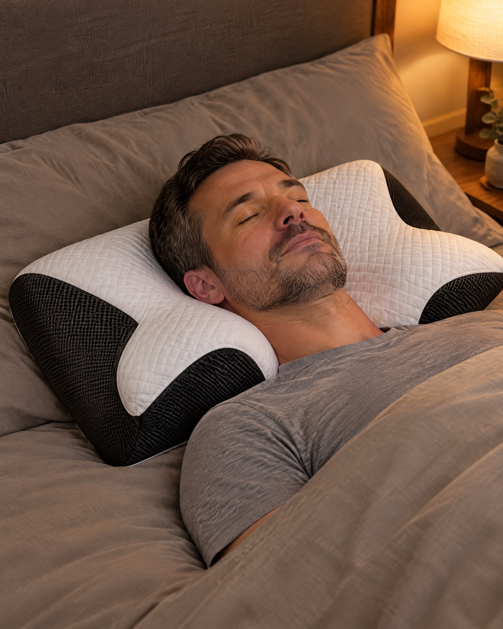 Hombre durmiendo boca arriba con la almohada cervical
