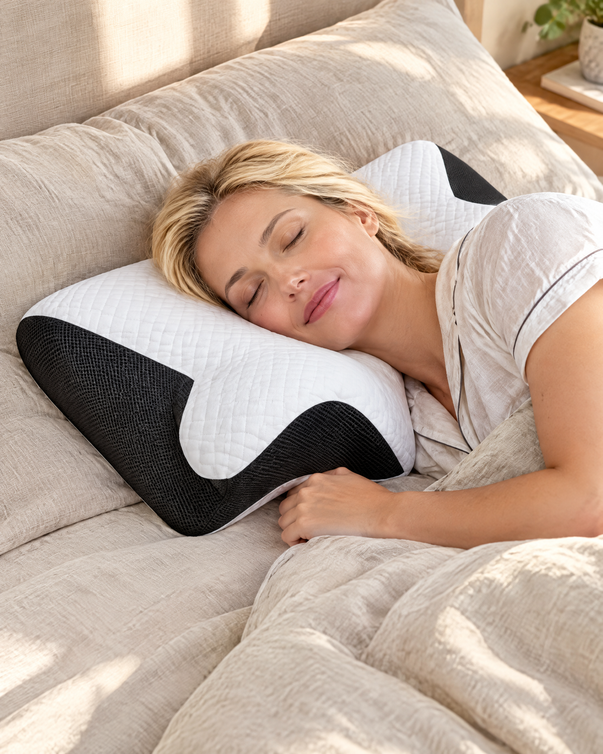 Mujer durmiendo de lado sobre la almohada cervical