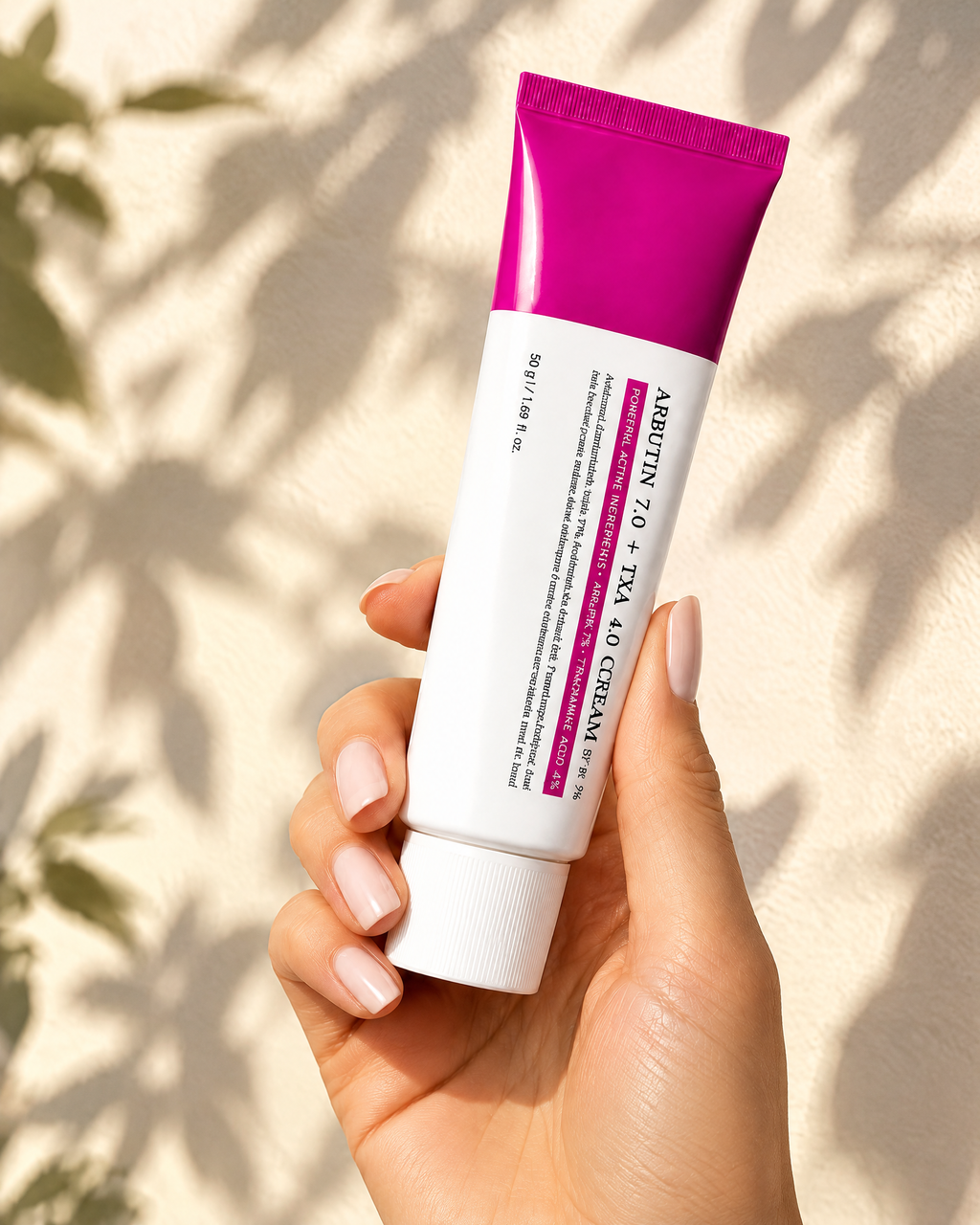 Tubo de crema iluminadora en la mano
