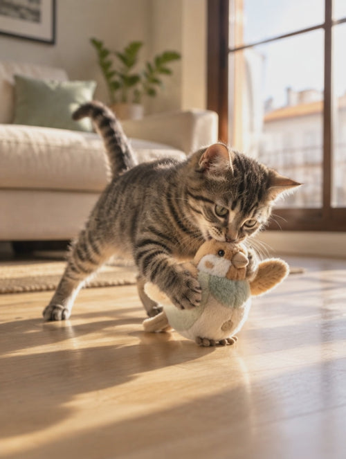 Gato jugando con el pájaro interactivo Tersella Bird