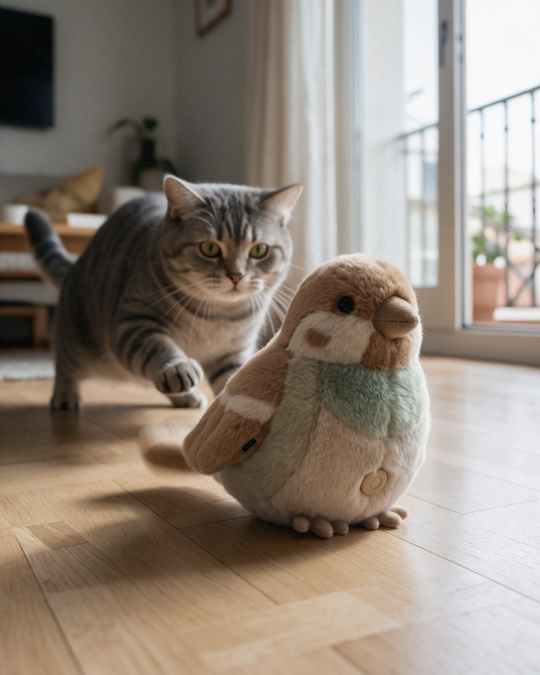 Pájaro interactivo Tersella Bird en el suelo con un gato atigrado agazapado detrás