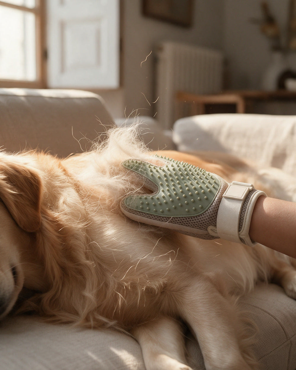 Guante Tersella Glove recogiendo el pelo suelto de un golden retriever
