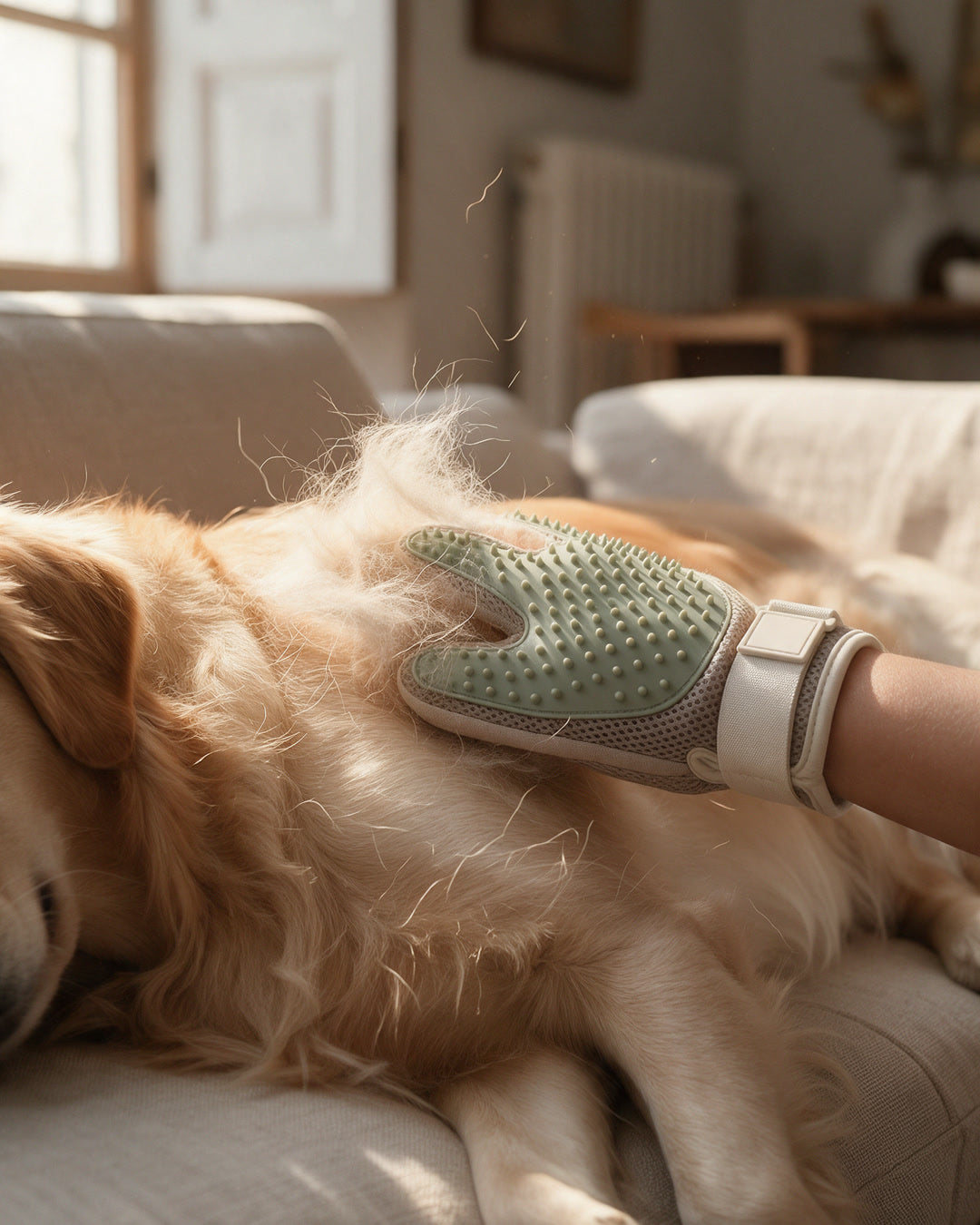 Guante Tersella Glove recogiendo el pelo suelto de un golden retriever
