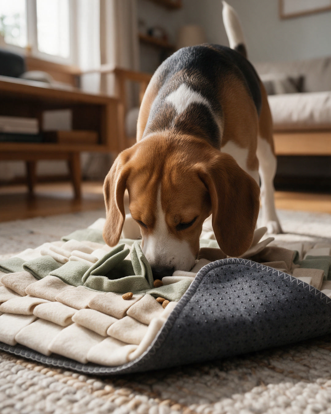 Beagle con el morro hundido entre las tiras de la alfombra olfativa Tersella Sniff